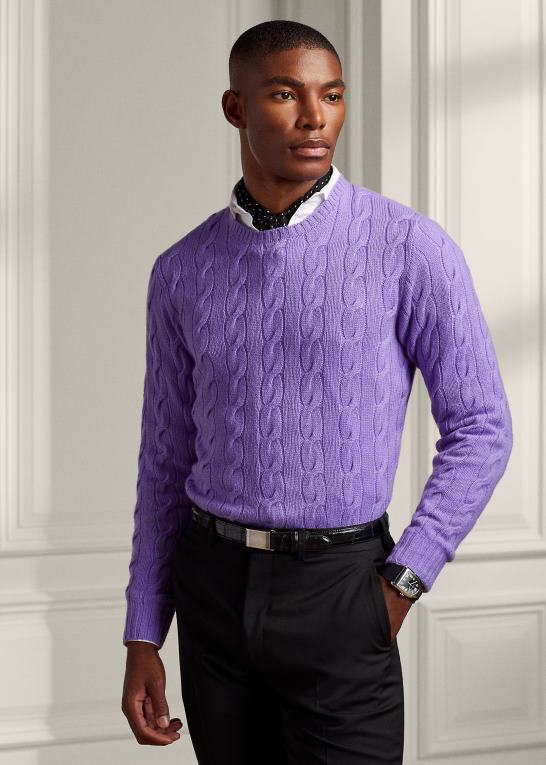 klassisk lavendel Mænd Ralph Lauren kabelstrikket kashmirtrøje Z426B75