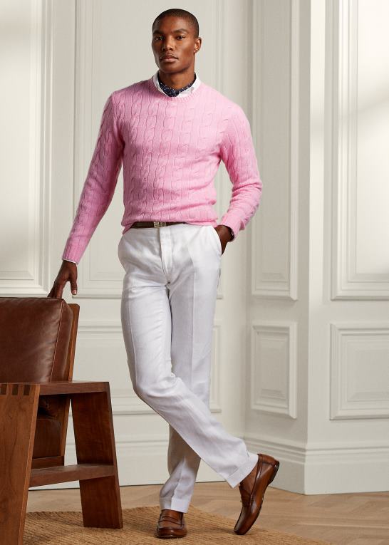 klassisk lyserød Mænd Ralph Lauren kabelstrikket kashmirtrøje Z426B80
