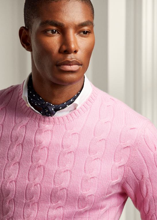 klassisk lyserød Mænd Ralph Lauren kabelstrikket kashmirtrøje Z426B80