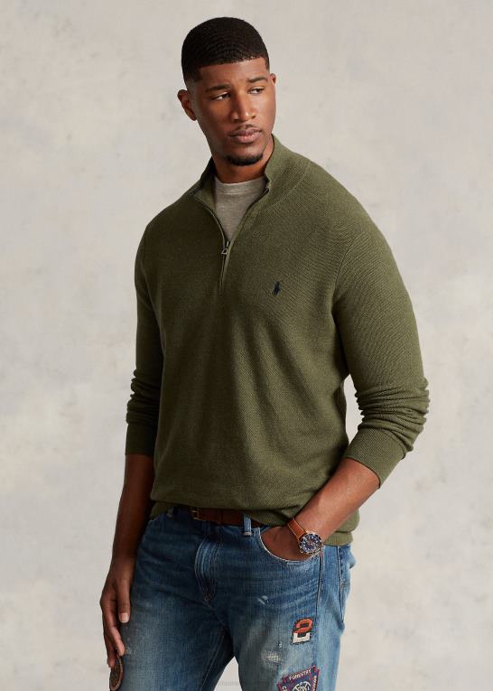 klassisk olivenlyng Mænd Ralph Lauren mesh-strikket bomuldstrøje med kvart lynlås Z426B1913