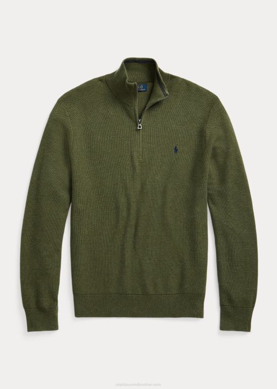 klassisk olivenlyng Mænd Ralph Lauren mesh-strikket bomuldstrøje med kvart lynlås Z426B1913