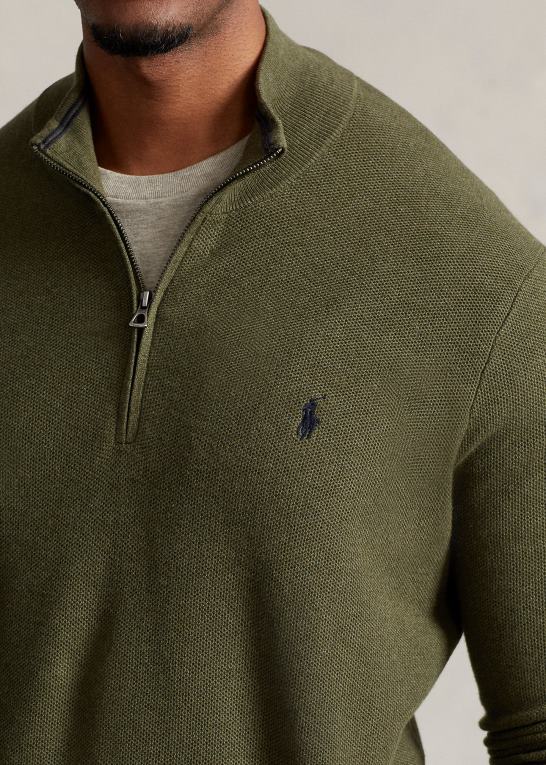 klassisk olivenlyng Mænd Ralph Lauren mesh-strikket bomuldstrøje med kvart lynlås Z426B1913