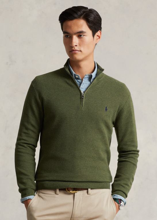 klassisk olivenlyng Mænd Ralph Lauren mesh-strikket bomuldstrøje med kvart lynlås Z426B514