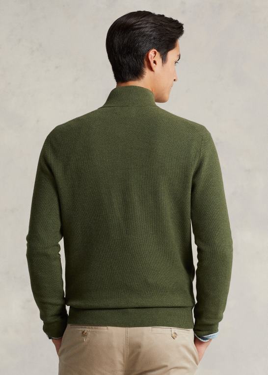 klassisk olivenlyng Mænd Ralph Lauren mesh-strikket bomuldstrøje med kvart lynlås Z426B514