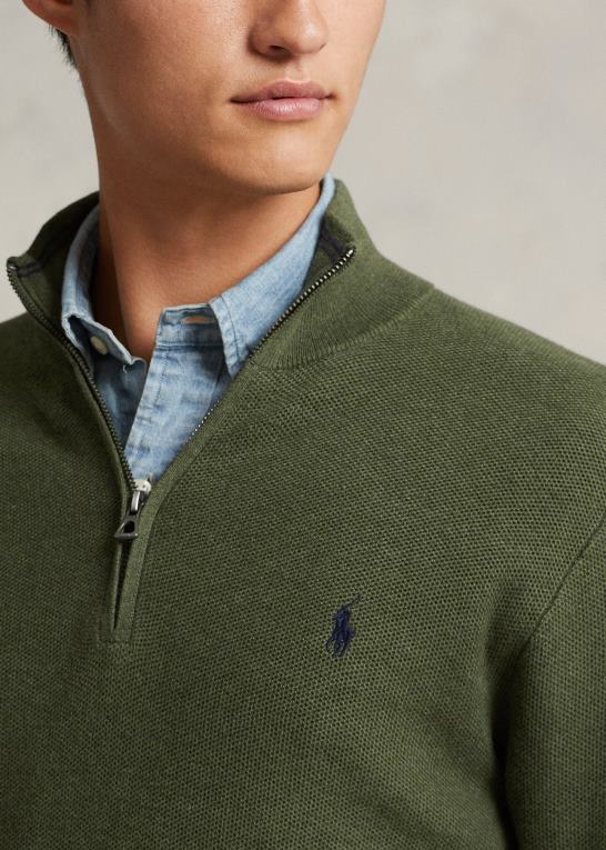 klassisk olivenlyng Mænd Ralph Lauren mesh-strikket bomuldstrøje med kvart lynlås Z426B514