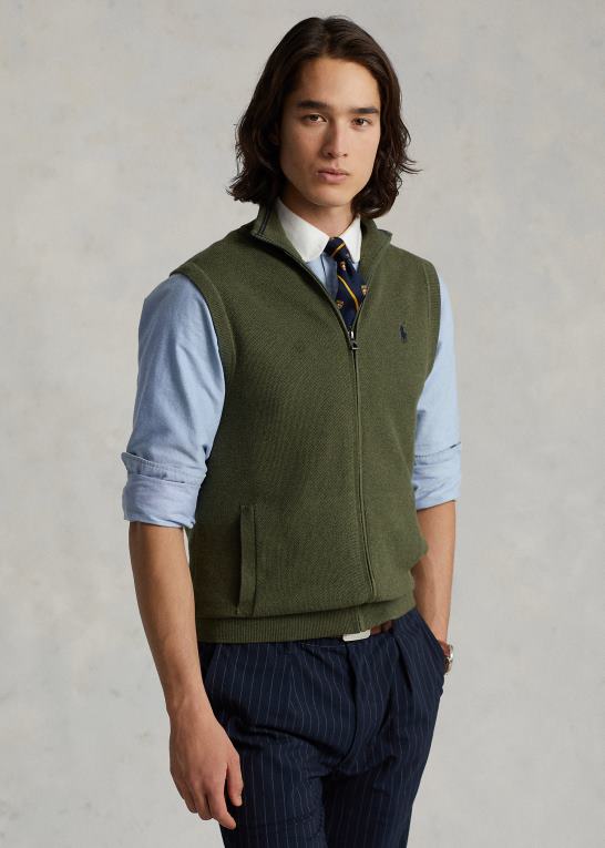 klassisk olivenlyng Mænd Ralph Lauren sweatervest i bomuld med fuld lynlås Z426B781