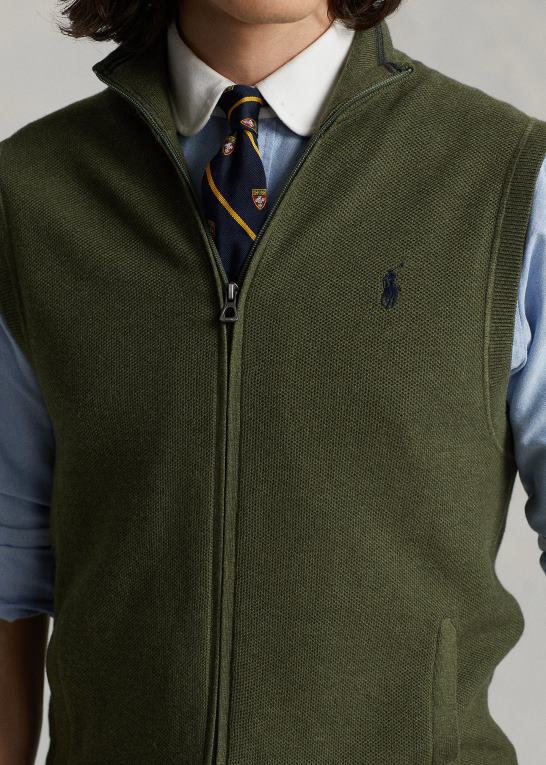 klassisk olivenlyng Mænd Ralph Lauren sweatervest i bomuld med fuld lynlås Z426B781