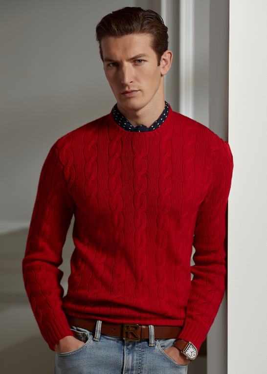 klassisk rød Mænd Ralph Lauren kabelstrikket kashmirtrøje Z426B69