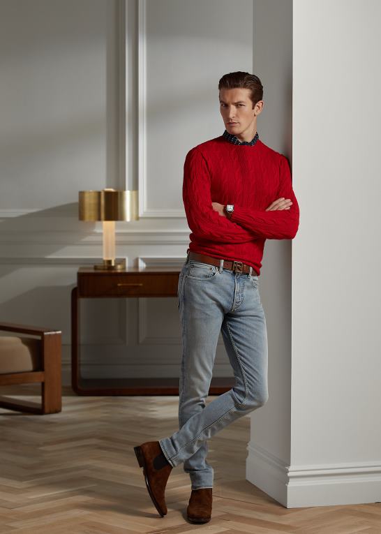 klassisk rød Mænd Ralph Lauren kabelstrikket kashmirtrøje Z426B69