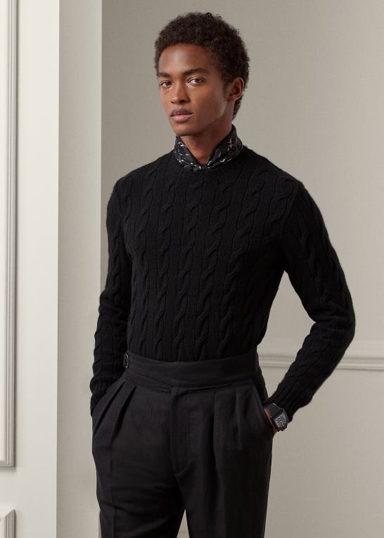 klassisk sort Mænd Ralph Lauren kabelstrikket kashmirtrøje Z426B73