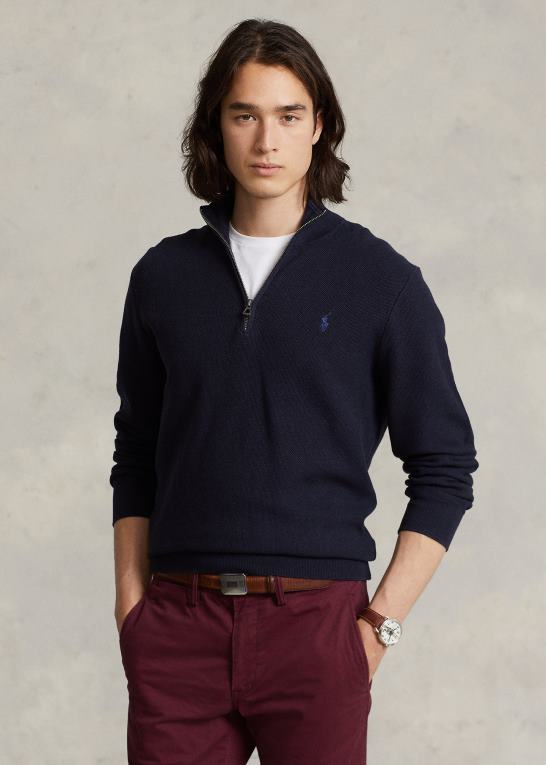 marine lyng Mænd Ralph Lauren mesh-strikket bomuldstrøje med kvart lynlås Z426B509