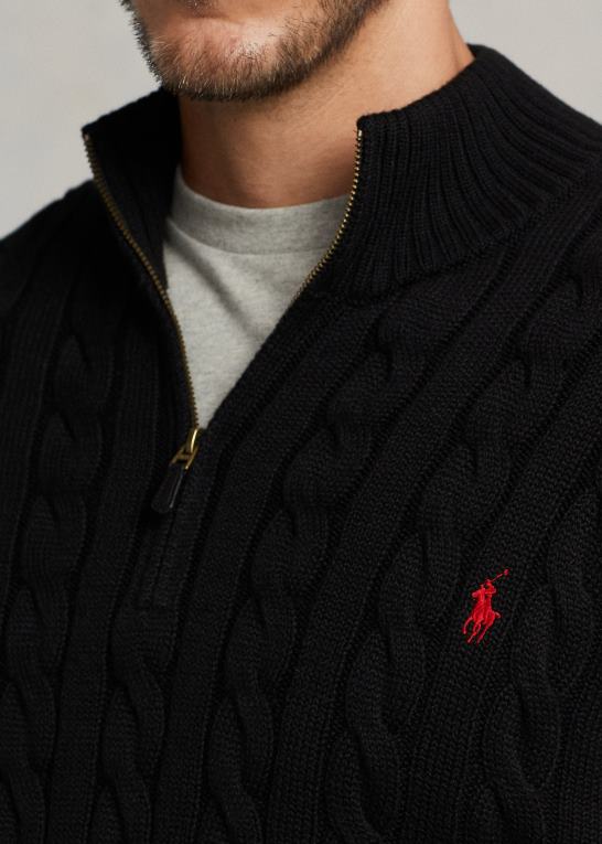 sort Mænd Ralph Lauren kabelstrikket bomuldstrøje med kvart lynlås Z426B1925