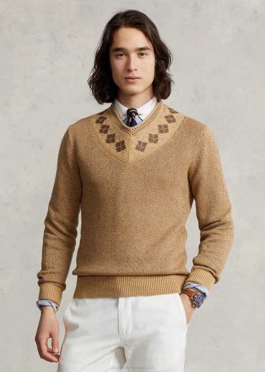 tan multi Mænd Ralph Lauren crickettrøje med argyle-trim i hør og silke Z426B8441