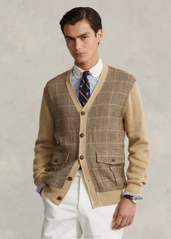 tan multi Mænd Ralph Lauren glen plaid cardigan i hør-silke Z426B147