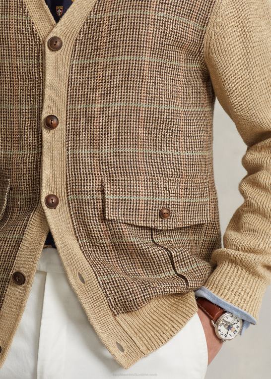 tan multi Mænd Ralph Lauren glen plaid cardigan i hør-silke Z426B147