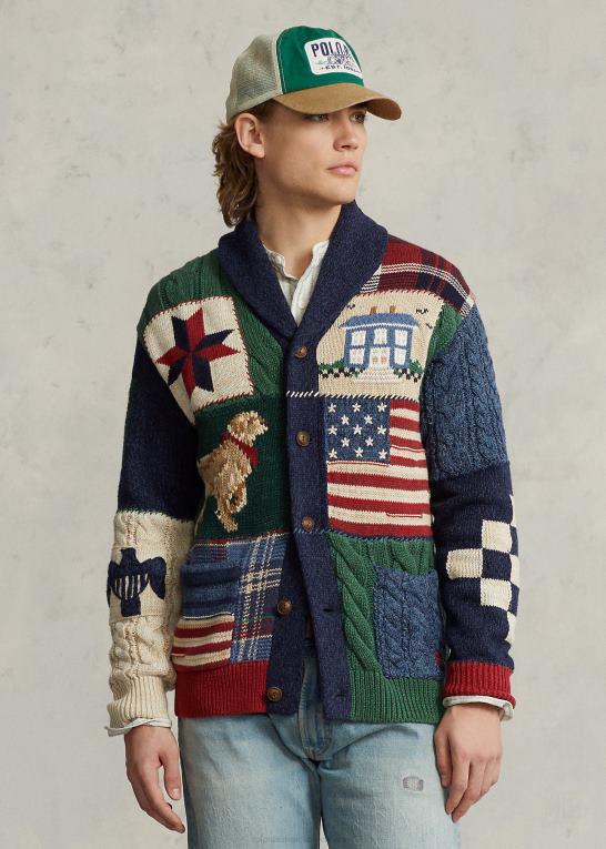 tan multi Mænd Ralph Lauren patchwork sjalcardigan i bomuldsblanding Z426B1079