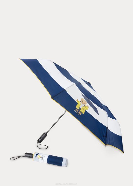 hvid og marineblå unisex Ralph Lauren regnfrakke polobjørn sammenklappelig paraply Z426B2696