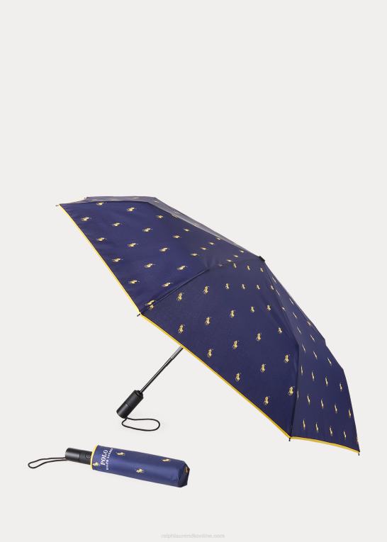 marineblå og gul unisex Ralph Lauren pony sammenklappelig paraply Z426B2697