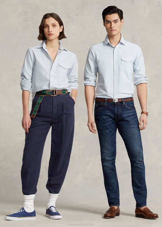blå/hvid unisex Ralph Lauren custom fit stribet oxford skjorte Z426B137