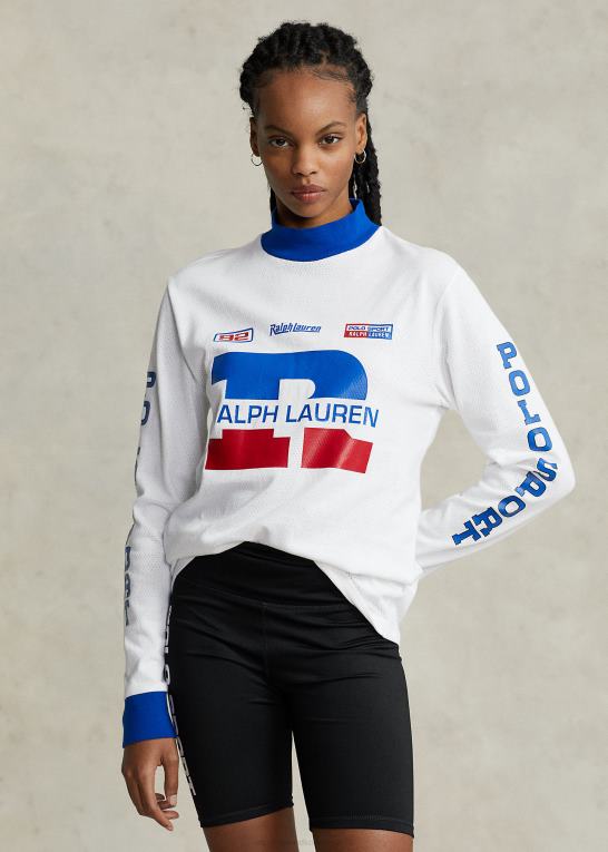 hvid unisex Ralph Lauren logo vaffelstrikket mockneck skjorte Z426B3426