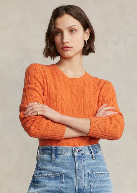 solorange unisex Ralph Lauren den ikoniske kabelstrikkede kashmirtrøje Z426B3398