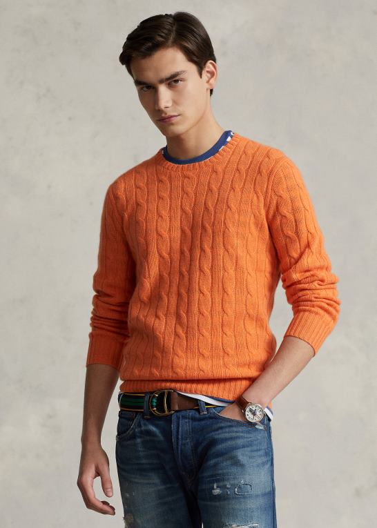 solorange unisex Ralph Lauren den ikoniske kabelstrikkede kashmirtrøje Z426B3398