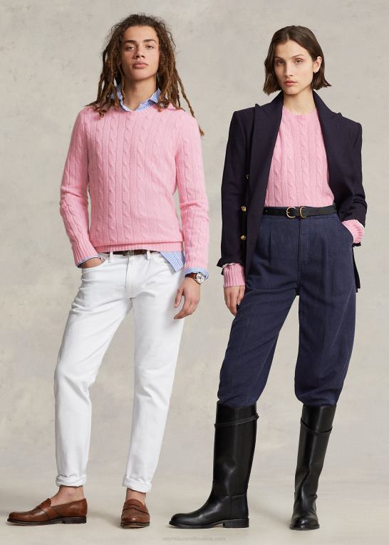 støvet karmelrosa unisex Ralph Lauren den ikoniske kabelstrikkede kashmirtrøje Z426B3399